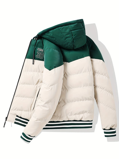 Men's Modern Streetwear Hooded Jacket with Embroidered Lettering, Color-Block Design, Removable Hood & Polyester Fill - Machine Washable Long Sleeve Coat with Pockets for Fall Winter Casual Wear