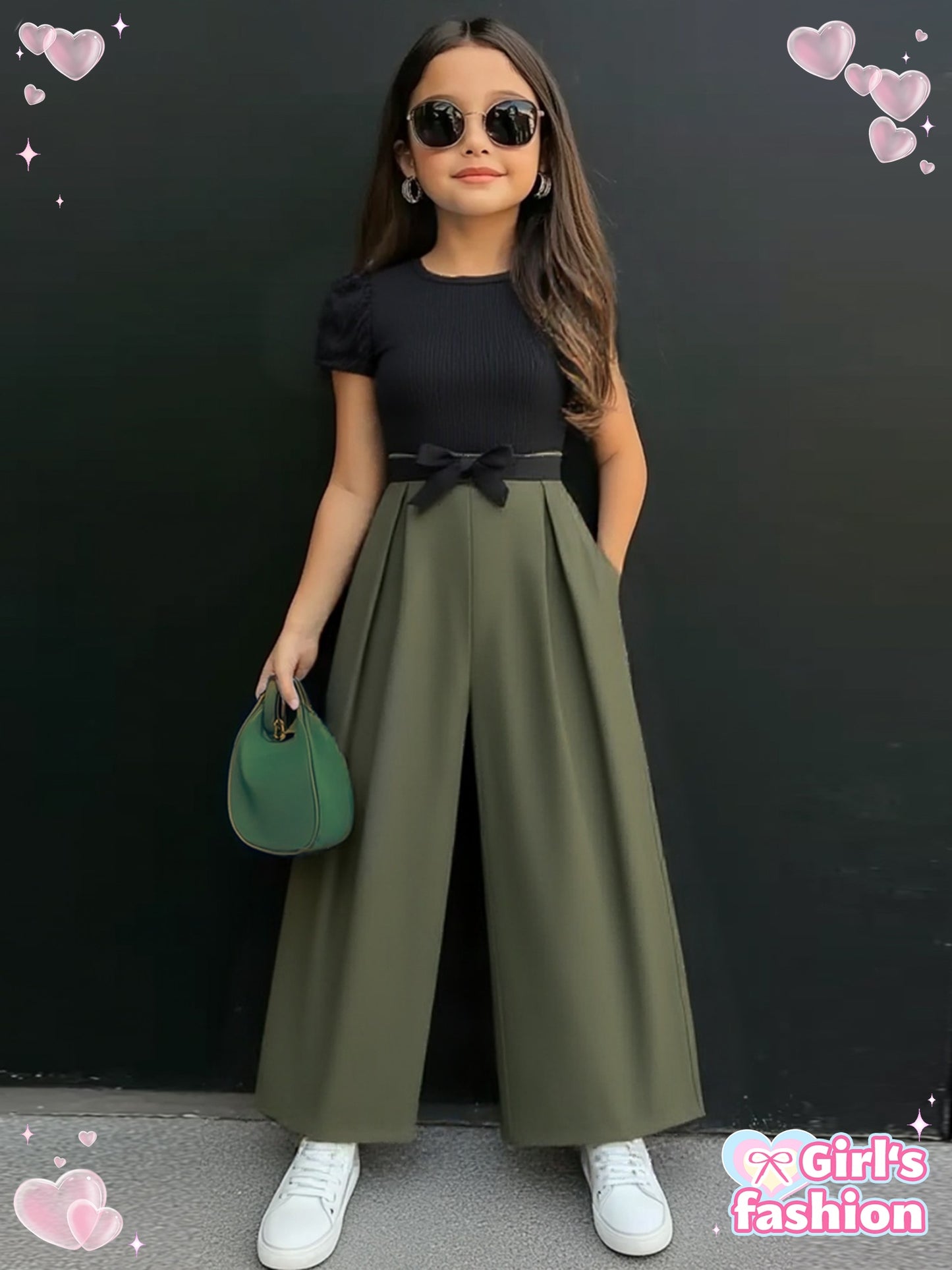 Casual Black Puff Sleeve Top & Apricot Wide-Leg Pants Set