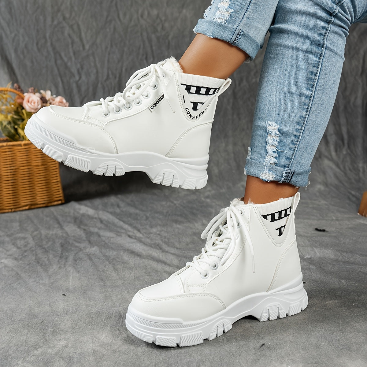 gfhfgjjfg Women's Casual High-Top Platform Ankle Boots with Lace-Up Closure, Thick Rubber Sole & Faux Cover Upper - Winter Warm Round Toe Boots for Casual Attire (Black/White/Beige), Comfortable Footwear, Durable Traction Foo