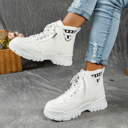 gfhfgjjfg Women's Casual High-Top Platform Ankle Boots with Lace-Up Closure, Thick Rubber Sole & Faux Cover Upper - Winter Warm Round Toe Boots for Casual Attire (Black/White/Beige), Comfortable Footwear, Durable Traction Foo