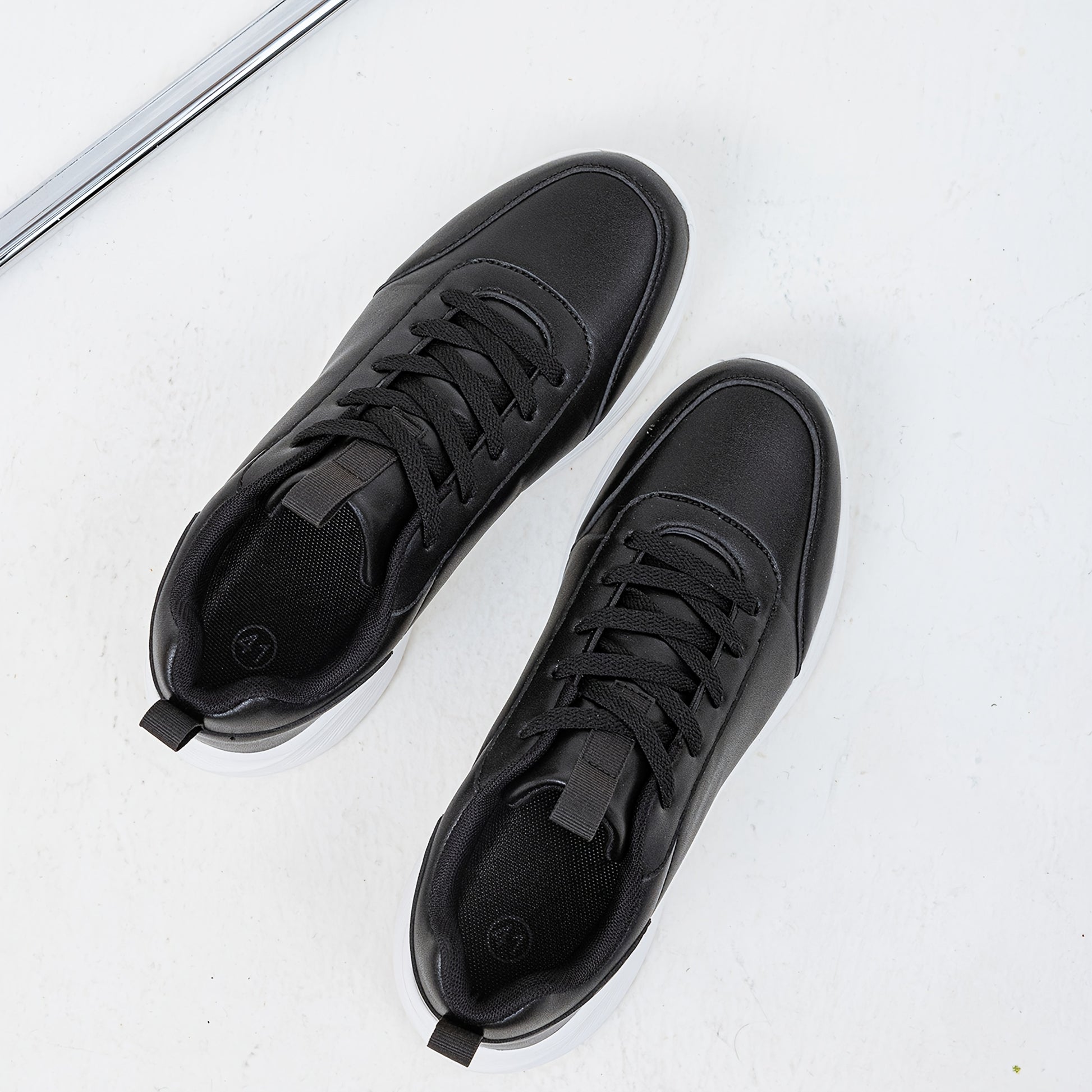 Men's Casual Sneakers Tennis Shoes - Comfortable, Versatile, and Stylish Running, Sports, and Casual Footwear. Black with White Accents, Featuring a Solid Black Synthetic Upper and Durable, Slip-resistant PVC Sole. Lace-up De - ayq