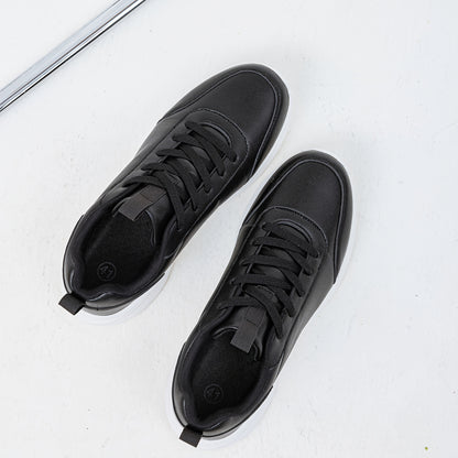 Men's Casual Sneakers Tennis Shoes - Comfortable, Versatile, and Stylish Running, Sports, and Casual Footwear. Black with White Accents, Featuring a Solid Black Synthetic Upper and Durable, Slip-resistant PVC Sole. Lace-up De - ayq