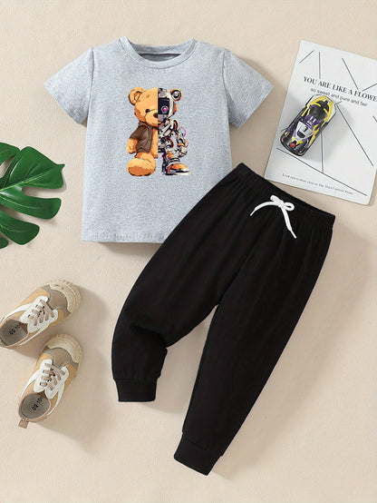 Boys' Casual Cotton T-Shirt and Pants Set with Doll Print
