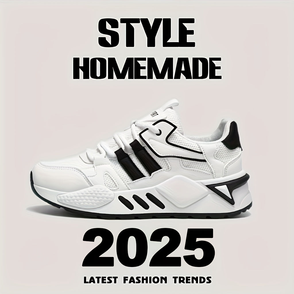 Men's Low-Top Skate Sneakers - White/Black Accent Lace-Up Shoes, Cushioned EVA Insole  Non-Slip Rubber Outsole for All-Season Urban Streetwear, Gym, Everyday - Breathable PU Upper Casual Shoes, Gym Footwear, Street Style, Du
