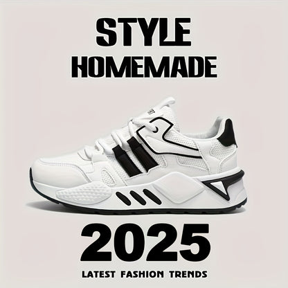 Men's Low-Top Skate Sneakers - White/Black Accent Lace-Up Shoes, Cushioned EVA Insole  Non-Slip Rubber Outsole for All-Season Urban Streetwear, Gym, Everyday - Breathable PU Upper Casual Shoes, Gym Footwear, Street Style, Du