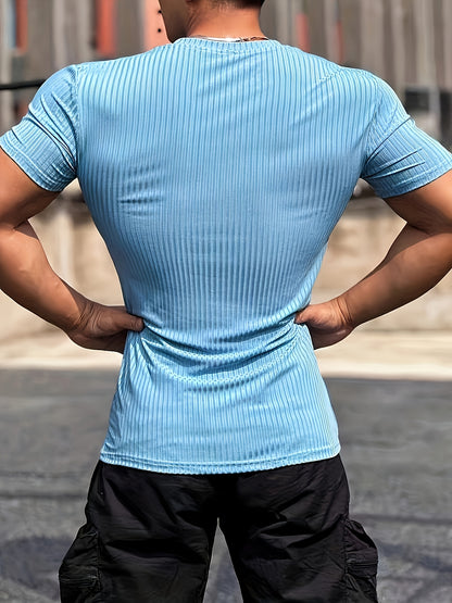 Men's Slim Fit Ribbed Short Sleeve T-Shirt - Stretchy Athletic  Casual Wear, Green, Round Neck, Machine Washable, Muscle-Enhancing Design, Gym Shirts