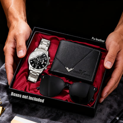 3pcs Men's Fashion High-End Quartz Watch + Business Casual Wallet and Versatile Glasses Combo Set, Perfect Gift for Friends on Holidays and Birthdays, Men's Gift