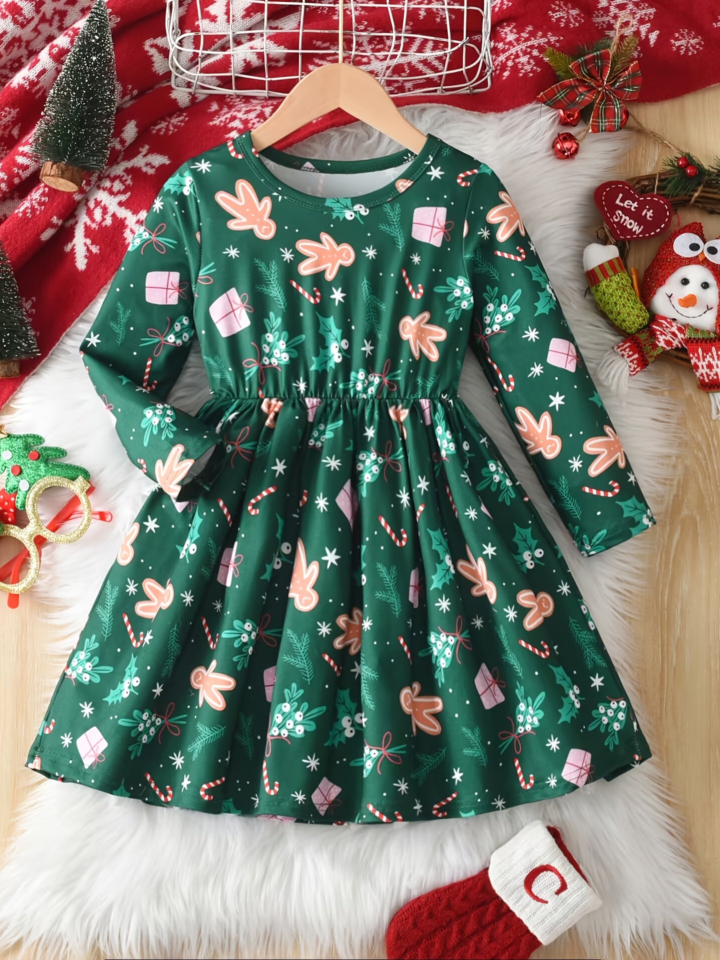 Girls' Christmas Party Dress - Elegant Green & Red Holiday Outfit with Gingerbread Children, Ruffled Hem & Waist - Long Sleeve Formal Party Dress for Christmas, New Year, Birthday - Machine Washable Girls' Clothing, Christmas
