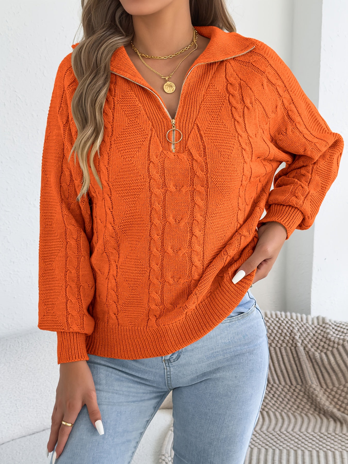 Autumn and Winter Leisure Vacation Pullover Sweater Solid Color Zipper Lapel Women's Sweater