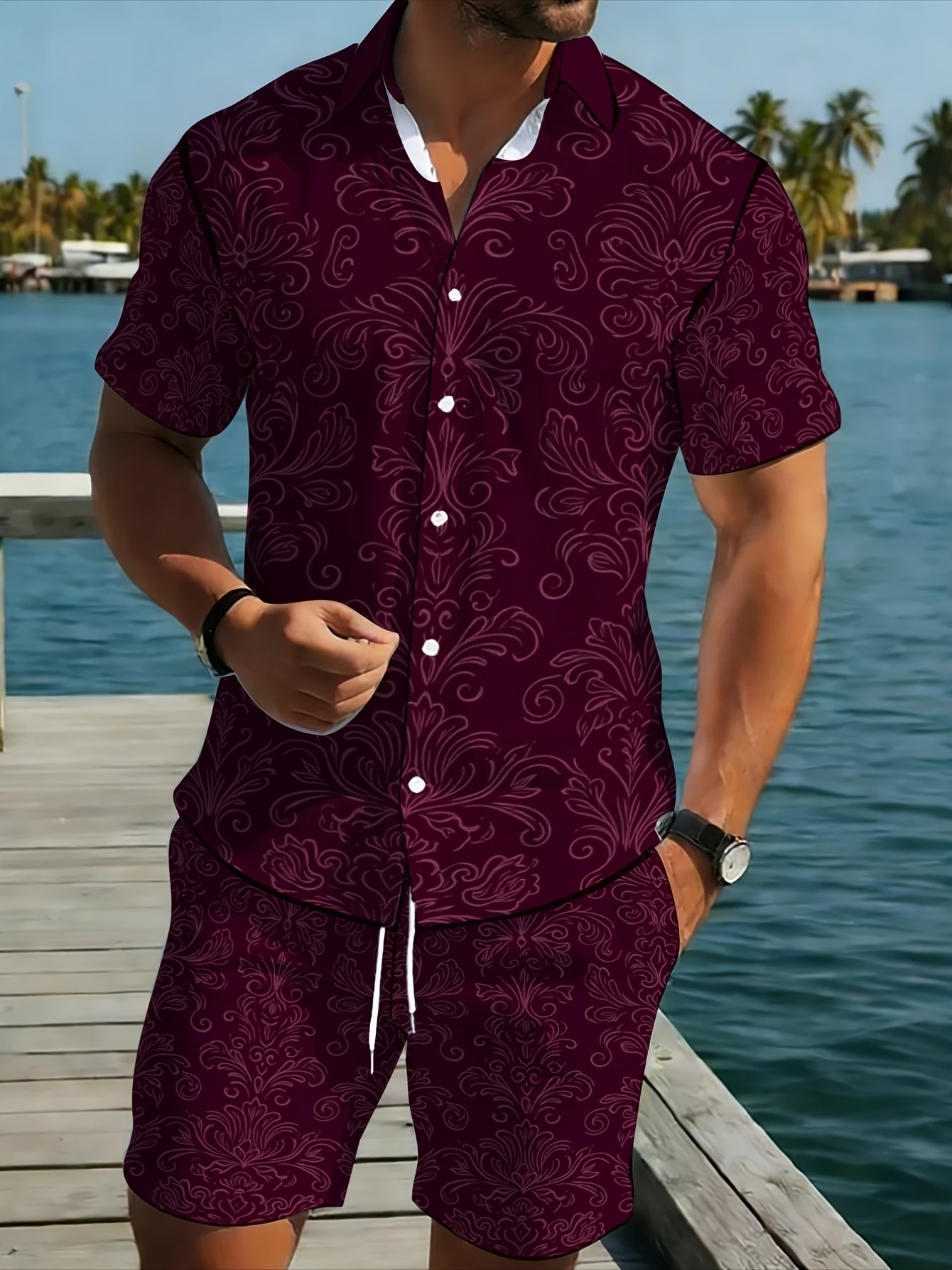Men's Burgundy Swirl Print Short Sleeve Shirt & Shorts Set