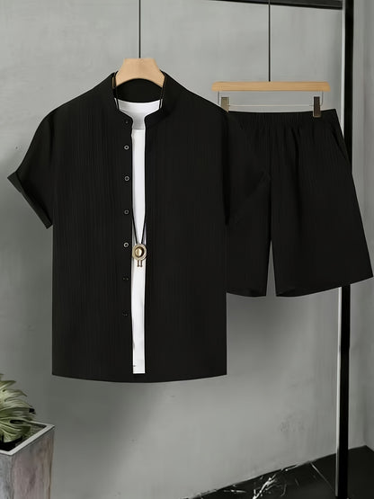 Men's Casual Summer 2-Piece Set: Stand Collar Shirt & Shorts