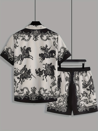 Men's Summer Suit Set: Short Sleeve Knight Print Positioning Burned Shirt with Open Collar, Drawstring Casual Shorts Pajama Two-Piece Set