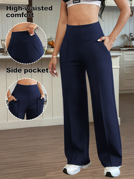 Women's High-Waist Wide-Leg Pants with Tummy Control & Pockets