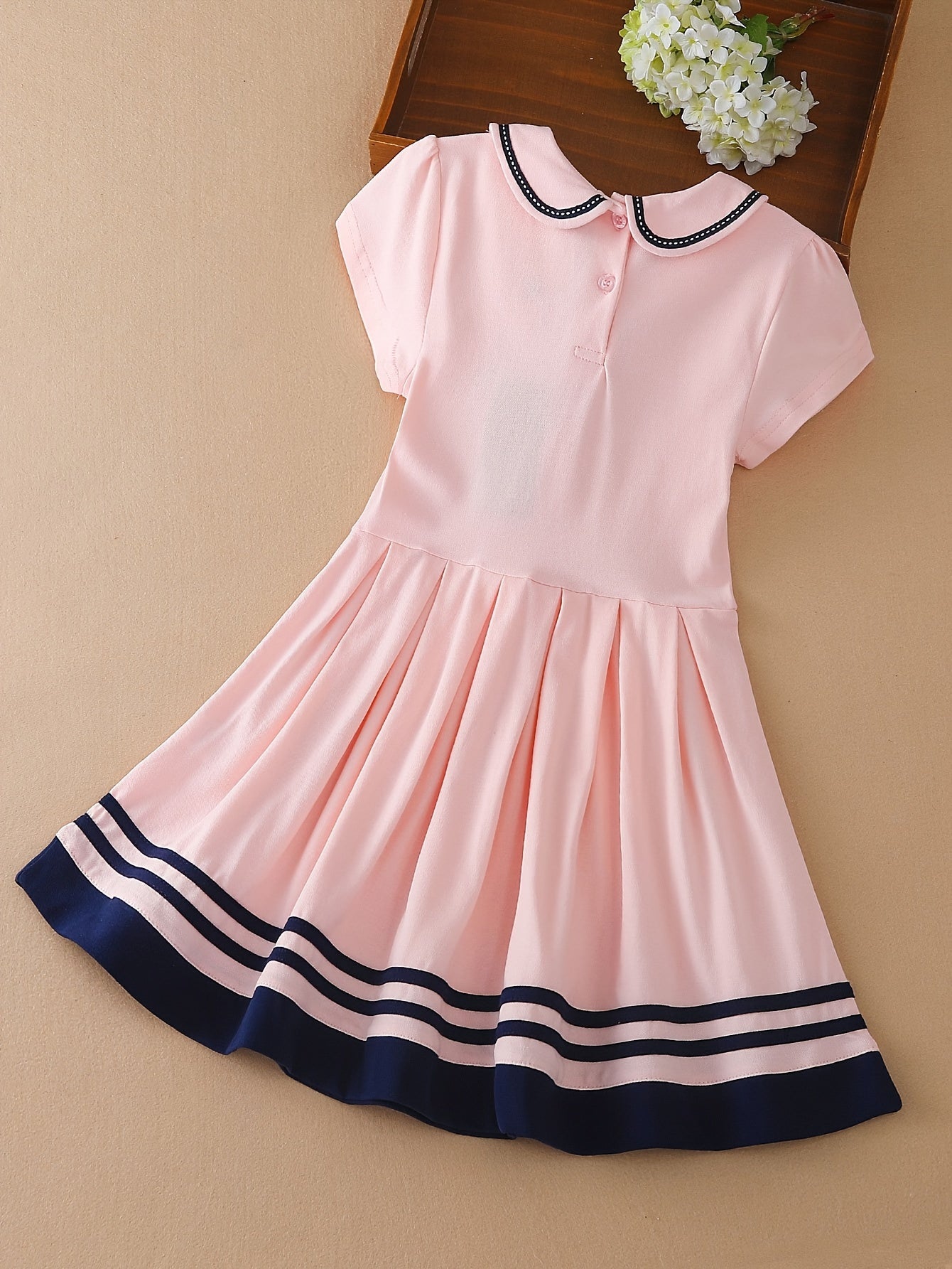 Girls' Summer Preppy Bow Dress with Sailor Collar and Pleated Skirt