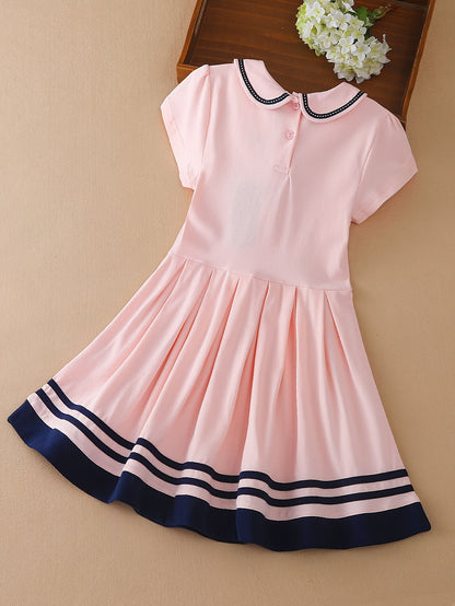 Girls' Summer Preppy Bow Dress with Sailor Collar and Pleated Skirt