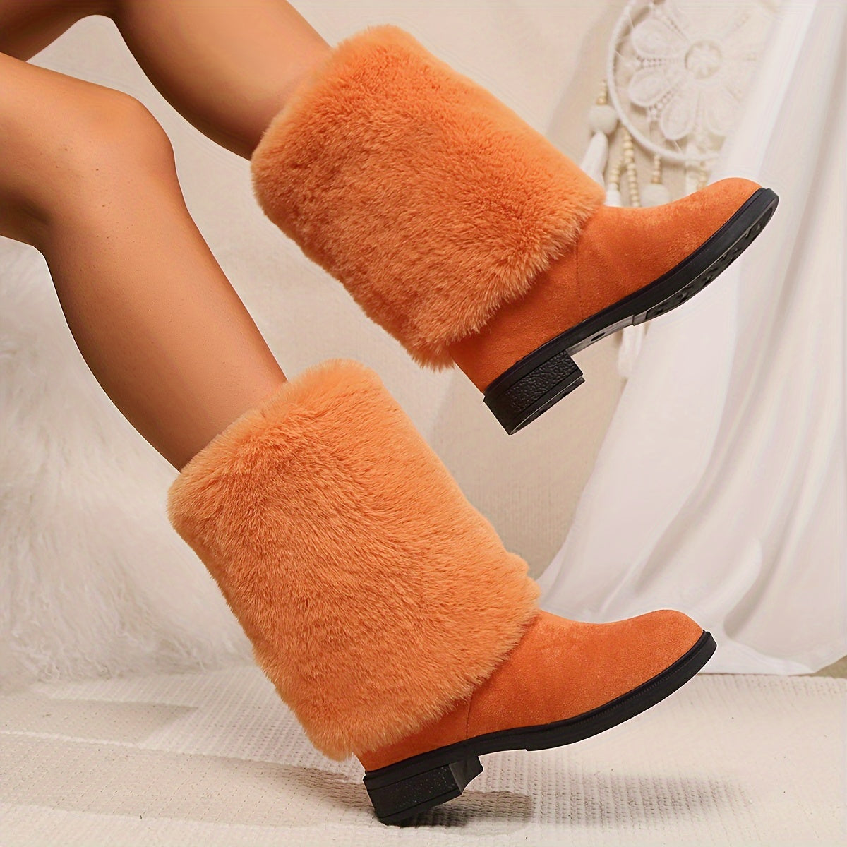 Women's Fashion Solid Color Mid-Calf Fluffy Boots with Slip-On Closure, Plain Toe Platform Heel, Comfy & Warm Fabric-Lined Winter Footwear - TPR Sole, Mid Heel, European Special from Huizhou