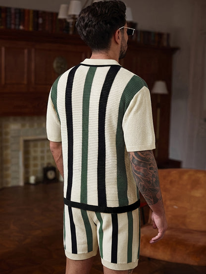 Men's Casual Striped Knit Short Sleeve T-Shirt & Shorts Set