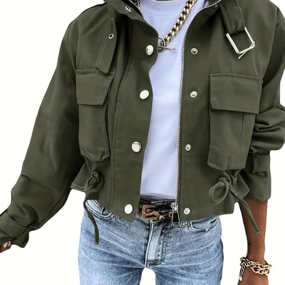 Spring and Autumn Women's Multi-Pocket Work Jacket, Stand Collar Design with Drawstring Waist - Versatile Fashion Coat for Various Occasions