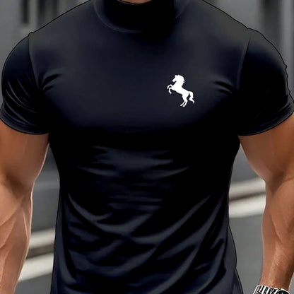 Men'S Casual High Neck Short Sleeve T-Shirt | Fashionable Easy Creative Horse Pattern for Fitness and Running, Medium Stretch Fabric, All-Season Wear - ayq