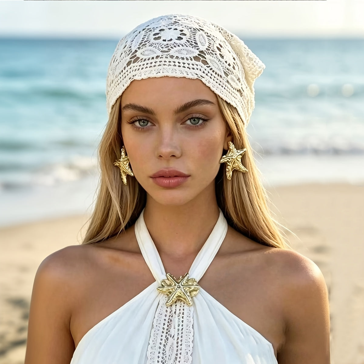Bleached White Crochet Lace Headscarf - Boho Triangle Bandana