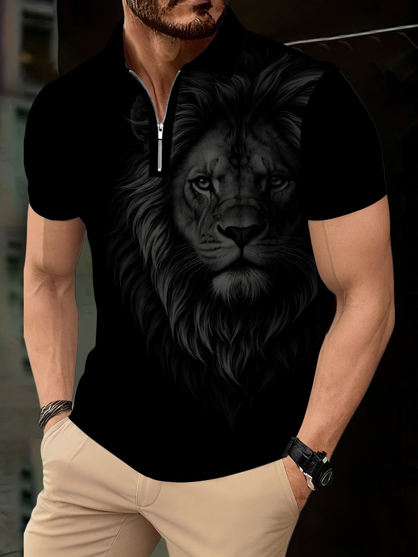 Men's Zip Shirt Short Sleeve Summer Trendy Lion Print Collar T-Shirt Business Casual Slim Fit Men's Top Women's Clothing