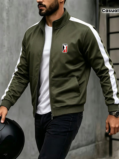 Men's Stand Collar Zip-Up Jacket with Striped Sleeves for Spring
