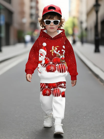 Spring and Autumn Boys' Hooded Sweatshirt 2pcs Set, Red and White Polka Christmas Cool 3D Gift Print Pattern, Matching Shirt and Joggers, Suitable for Outdoor Indoor