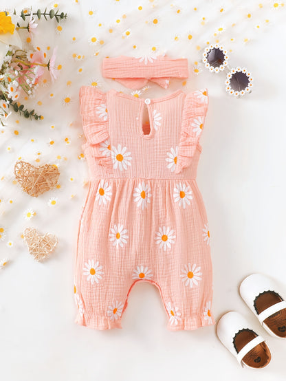 Baby Girl Summer Romper with Floral Print, Lace & Bow Set