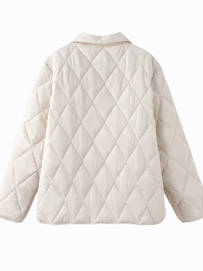 Women'S Quilted White Puffer Jacket - Lightweight Long Sleeve - Button-Up Front - High-Quality Polyester - Machine Washable - Casual Style for Spring, Fall & Winte
