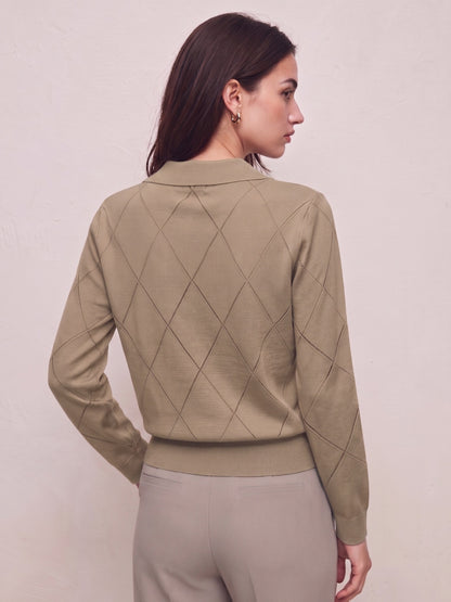 Elegant Women's Polo Neck Argyle Sweater with Loose Fit