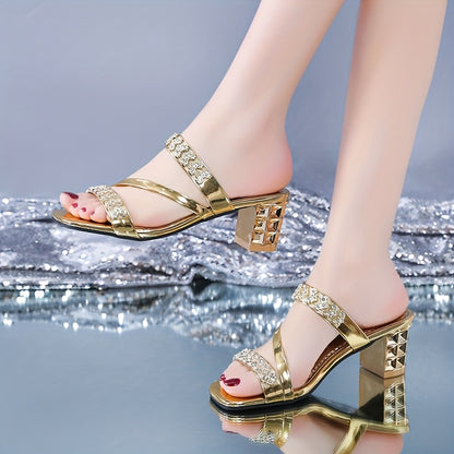 Elegant Women'S Summer Sandals - Sexy Open Toe with Glittering Square Toe, High Heel, and Rubber Sole for Outdoor Wear, Summer Footwear   Chic Sandals   Glossy Finish, Strappy Sandals