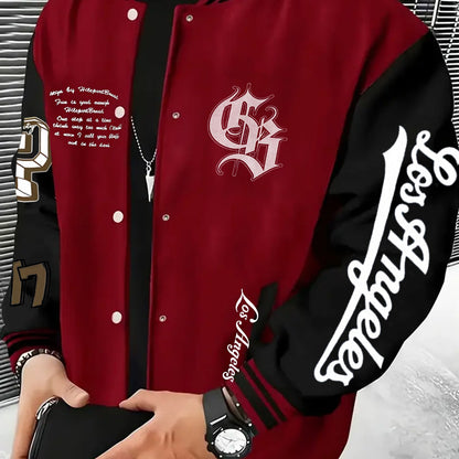Men's Los Angeles Logo & Greek Letter Jacket - Oversized Loose Fit Baseball Collar Button-Front Coat with Number 27 Back Print, All-Season Casual Sportswear (Hand Washable) - -Themed Outerwear for Fans