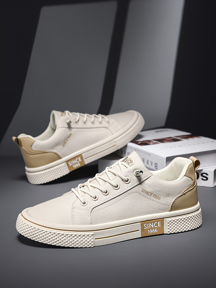 Men's Casual Low-Top Sneakers - Breathable Fabric  Durable PVC Sole, Black  Beige Contrast Design, Lace-Up Round Toe for All-Season Comfort, Versatile for Casual  Semi-Formal Wear, Comfortable Footwear, Fabric Upper