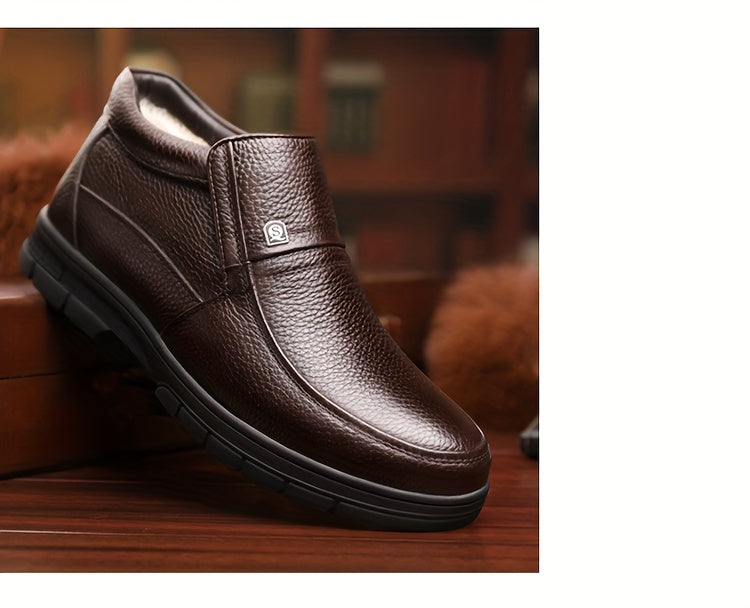 Genuine Leather 2025 Snow Boots Shoes Top Layer Cowhide Men's Boots Winter New Fashion Versatile Litchi Pattern Soft Leather Thick Sole Warm Shoes -Lined Work Boots Inner Filling with Cold Resistant Warmth, Warmth Locking Pow