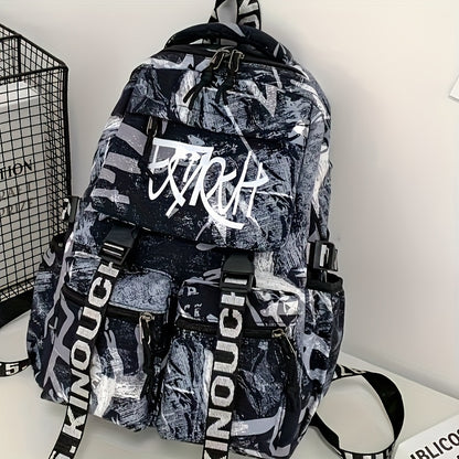 Spacious, Stylish Graffiti-Style Large Capacity Backpack for College & High School Students - Durable Nylon, Casual Fashion