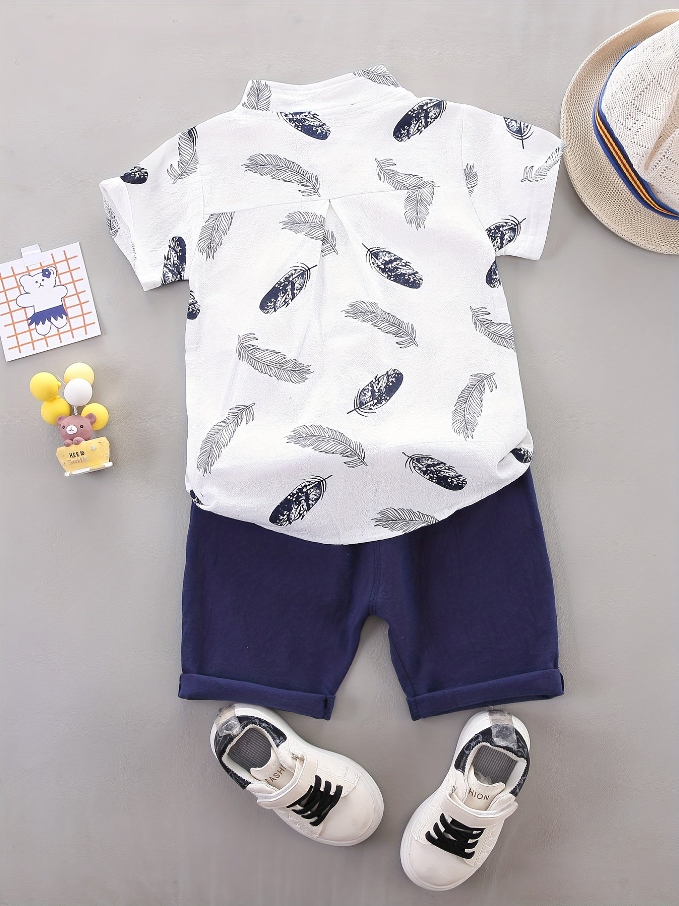 Baby Boys Cotton Feather Print Short Sleeve Shirt & Shorts Set