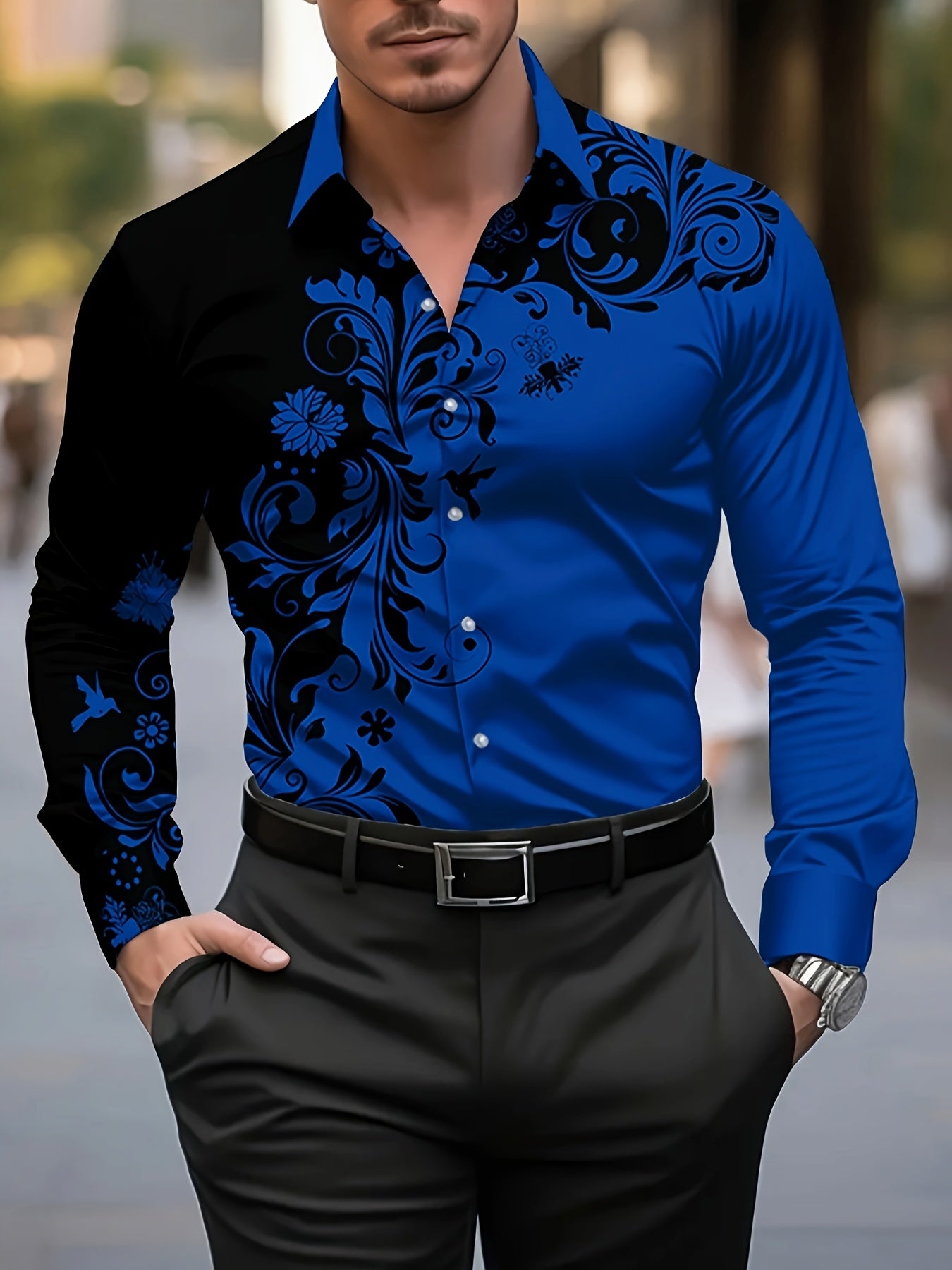 Men'S Casual Floral Print Dress Shirt - Black & White Swirl Design, Button-Up Collar, Long Sleeve, Regular Fit for Spring/Fall, Versatile for Casual & Formal Wear, Spring Fashion, Nonelastic Fabric, Elegant Shirt For Men, Lon