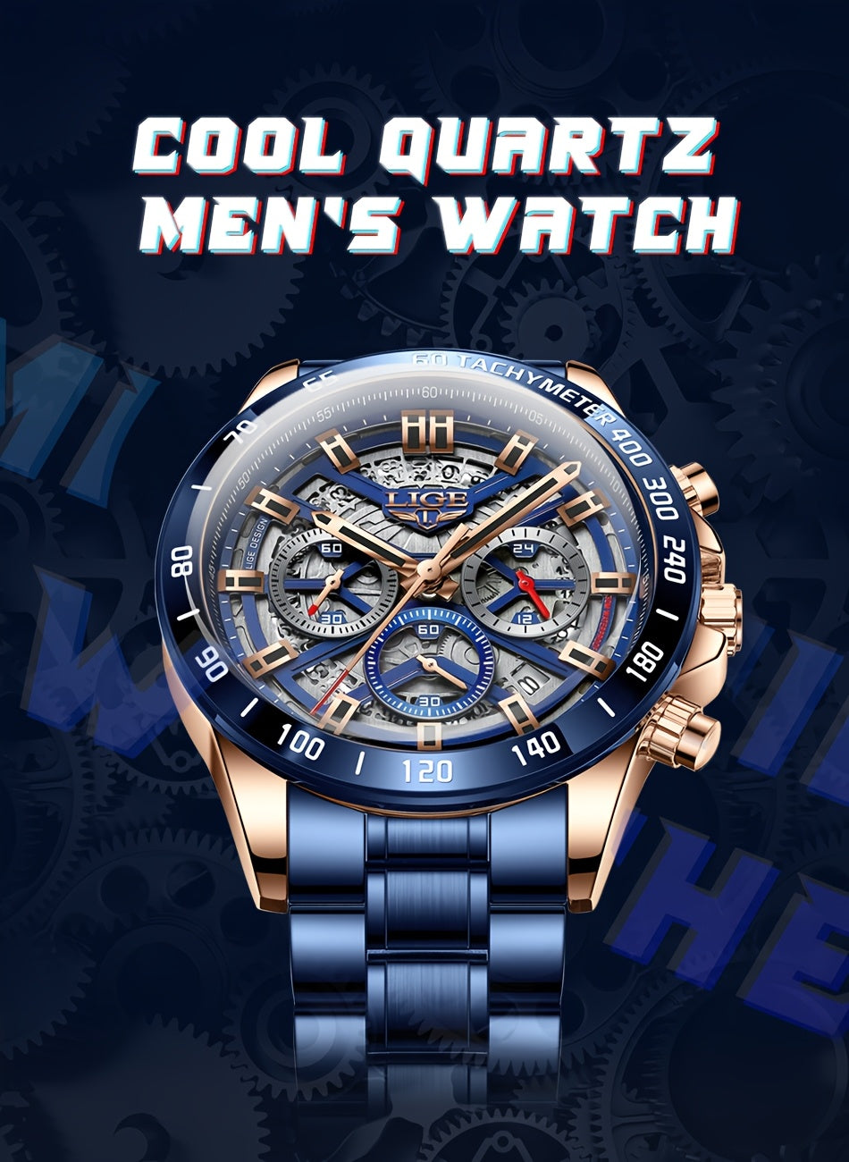 LIGE Watch, Fashion Teen Men's Watches, Multifunctional Stainless Steel Quartz Watches, Waterproof Watches, for Sports, College Various Scenes, Holiday Gifts, Party Gifts, Birthday Gifts, Black Blue Watches