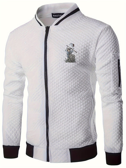 Men's Casual Stand Collar Jacket - 100% Polyester Knit Fabric with Slight Stretch, Solid Color Zippered Spring/Fall Outerwear with Cartoon Embroidery