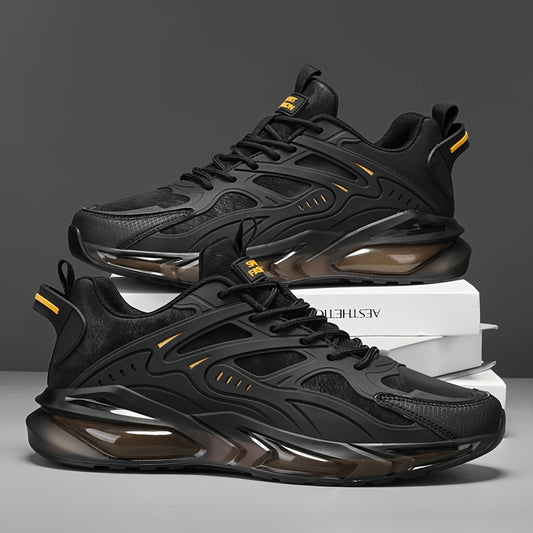 Men's Casual Sneakers - Breathable Low-Top Lace-Up Design, Durable PU Upper  Cushioned PVC Sole for All-Season Comfort - Black with Yellow Accents - Ideal for Running, Hiking, Daily Wear, Hiking Footwear, Stylish Contrast Ac