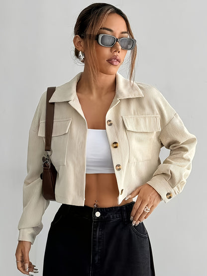 Women'S Chic Beige Bomber Jacket with Button Details - Casual Short Sleeve, Lapel Collar, Pockets, Perfect for Fall/Winter Outings, Casual Outerwear | Chic Bomber Jacket | Buttoned Jacket