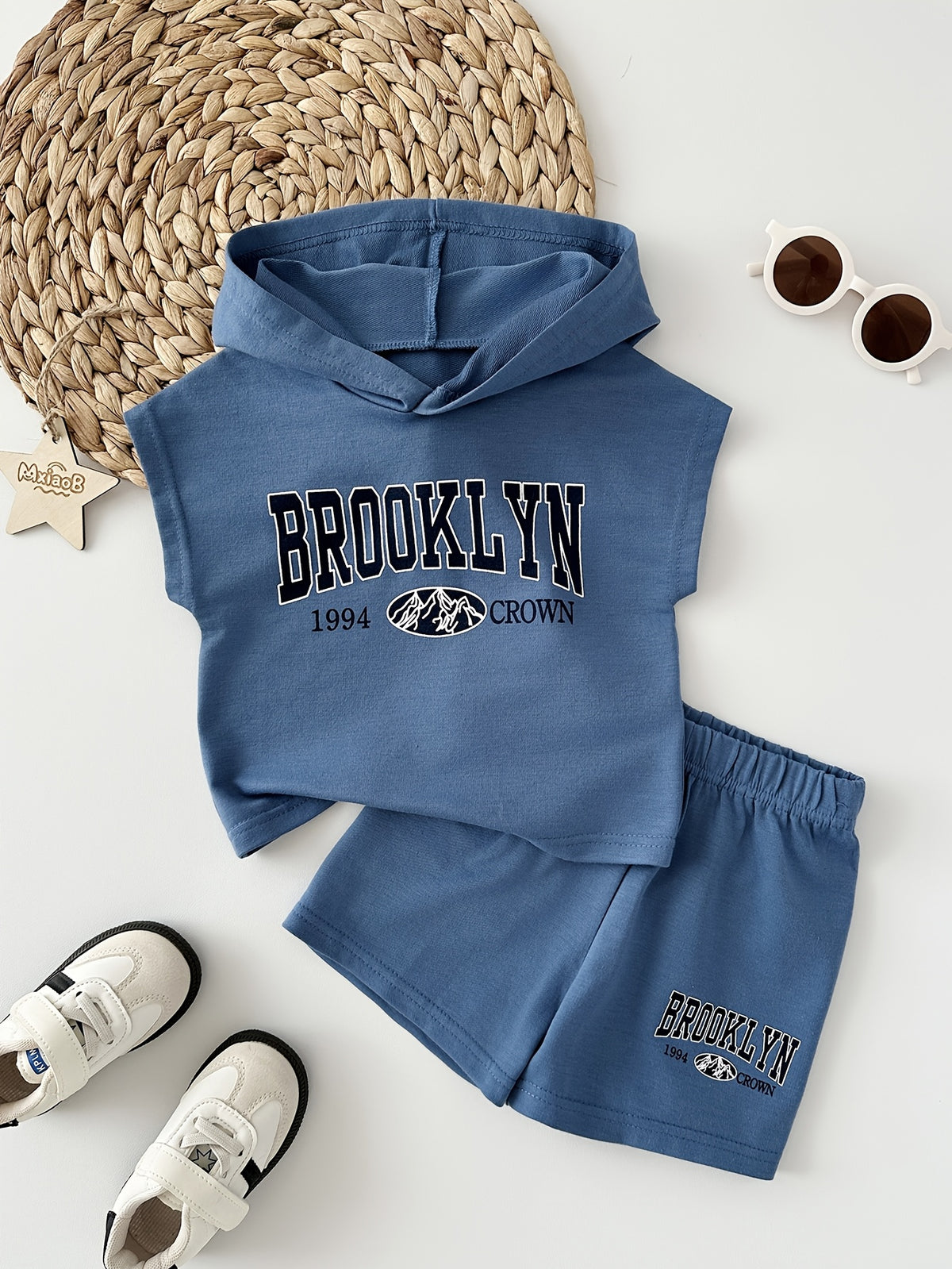 Baby Boys Sleeveless Knitted Hooded Top with Casual Shorts