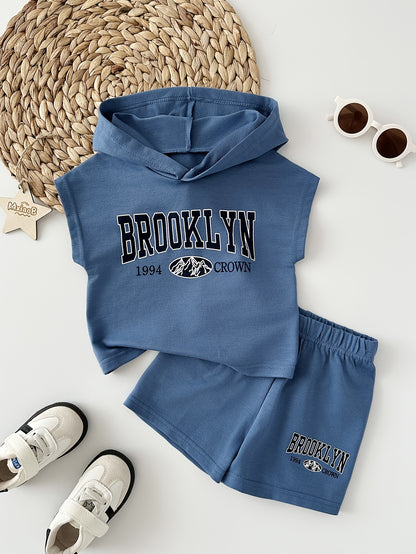 Baby Boys Sleeveless Knitted Hooded Top with Casual Shorts