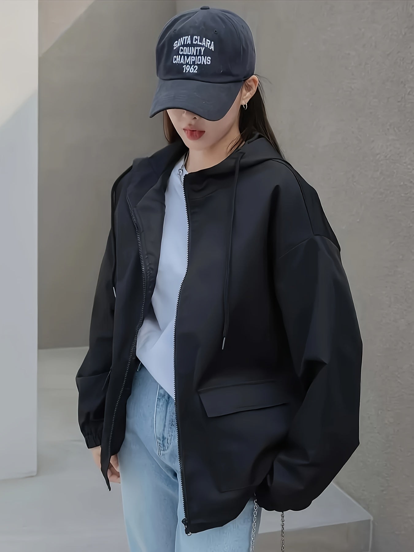 Women's Windproof Zip-Up Hooded Jacket - All-Season Lightweight Coat with Full-Zip Closure, Front Pockets - Elegant Minimalist Design for Office, Travel, Everyday Commute - Machine Washable Women's Outerwear, Zip Up Jacket, C