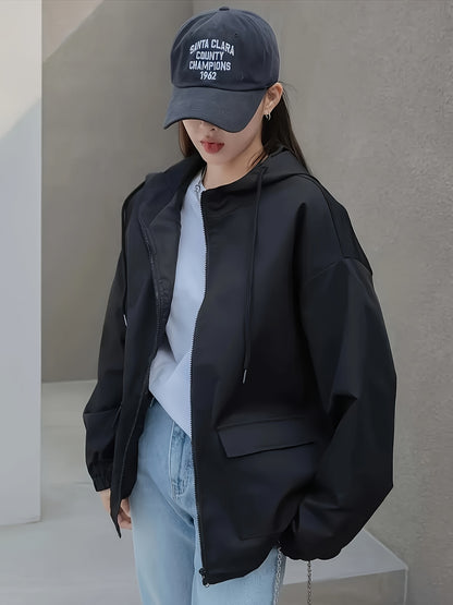 Women's Windproof Zip-Up Hooded Jacket - All-Season Lightweight Coat with Full-Zip Closure, Front Pockets - Elegant Minimalist Design for Office, Travel, Everyday Commute - Machine Washable Women's Outerwear, Zip Up Jacket, C