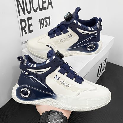 [Athletic Performance] Men's Breathable Casual Sneakers - Stylish Loafers with Rotating Buckle, Navy Blue  White Design, Comfortable PU Upper  PVC Sole for Casual Attire, Running, and Outdoor Activities