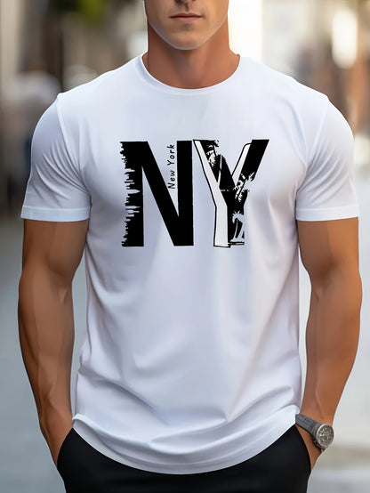1pc Men'S Casual Cotton Blend T-Shirt with Letter Print, Round Neck, Regular Fit for Summer - Black, Navy, Red