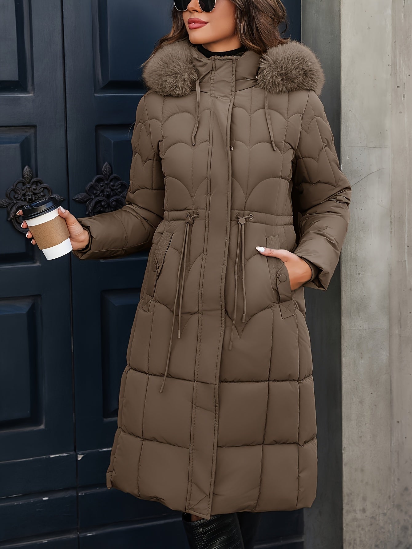 Autumn and Winter Women's Mid-Length Hooded Drawstring Pocket Waist Cinched Fashionable Mature Warm Versatile Solid Color Jacket