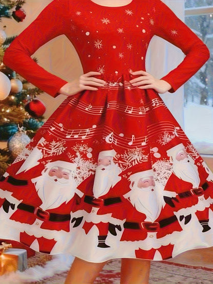 Elegant Christmas Santa Red Comfortable Zippered Long Dress | Draped, Crew Neck, Suitable for Fall/Winter.