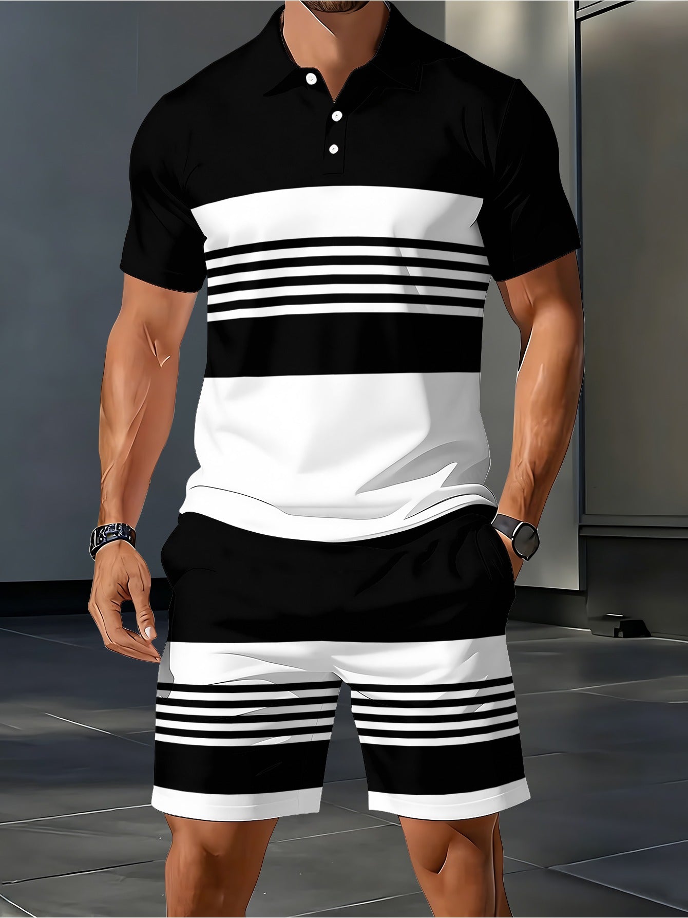 Men's Casual Polo Shirt & Shorts Set Striped Summer Outfit